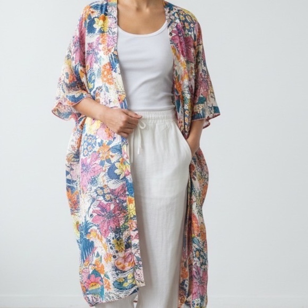 Hibluco Women‎ Floral Tropical Bird Kimono Cardigan beach Coverup Medium NEW